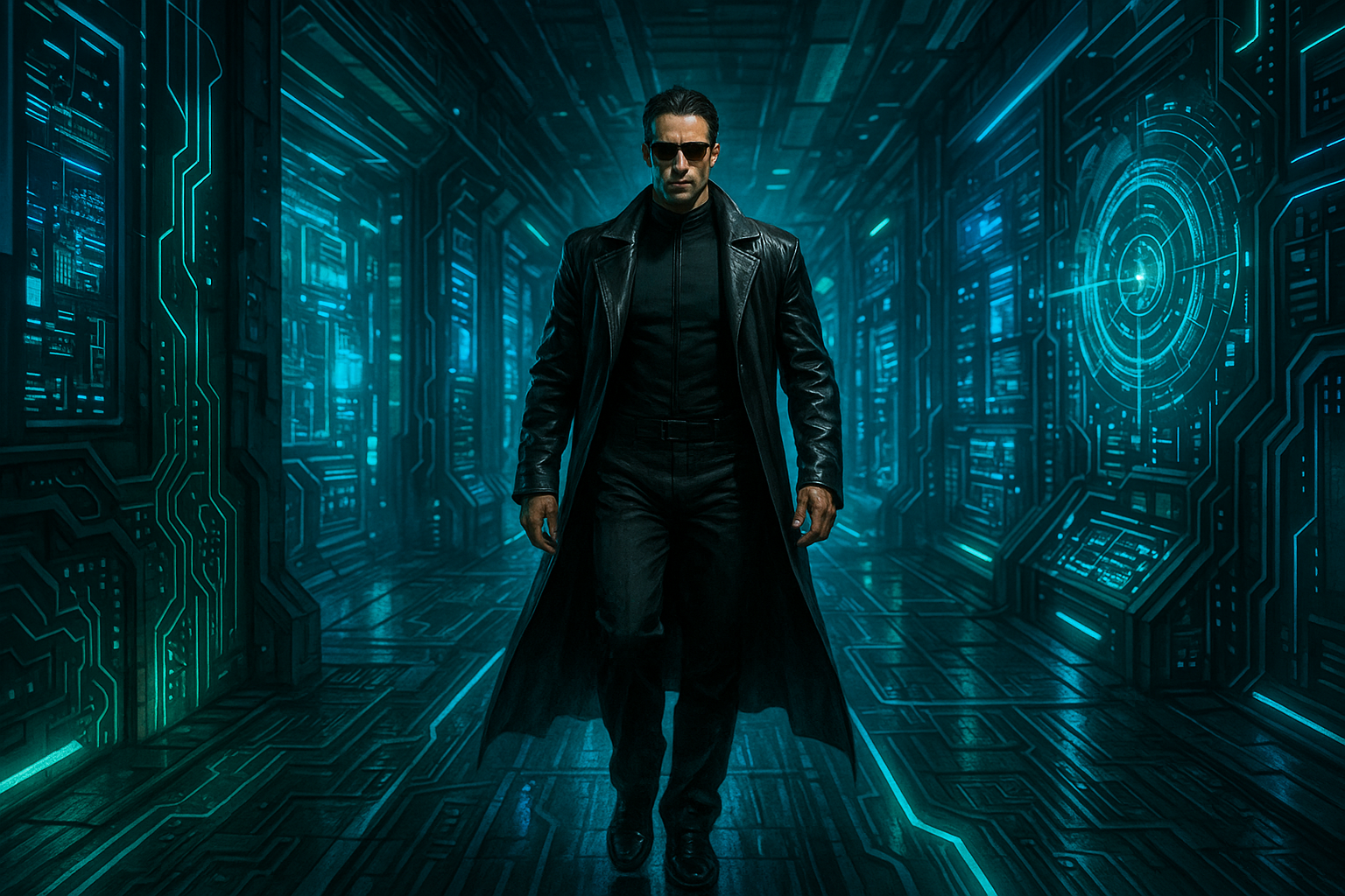 um homem com roupa do matrix andando em um cenario tecnologico