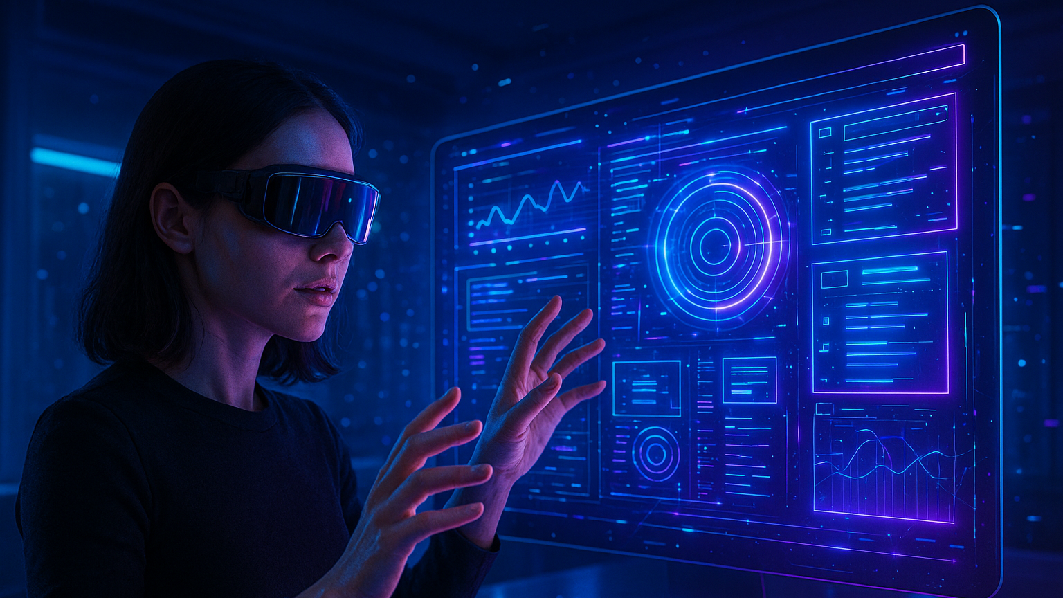 uma mulher com oculos de realidade virtual mexendo em um monitor ultra futuristico 